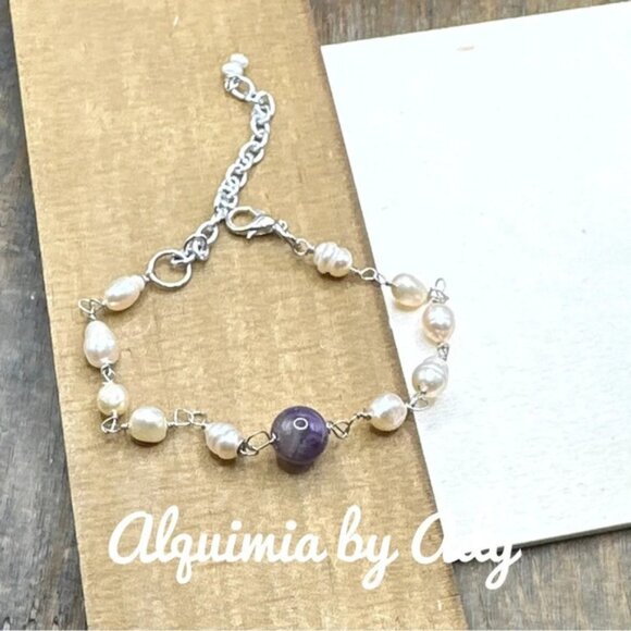 Baroque pearls and amethyst silver bracelet